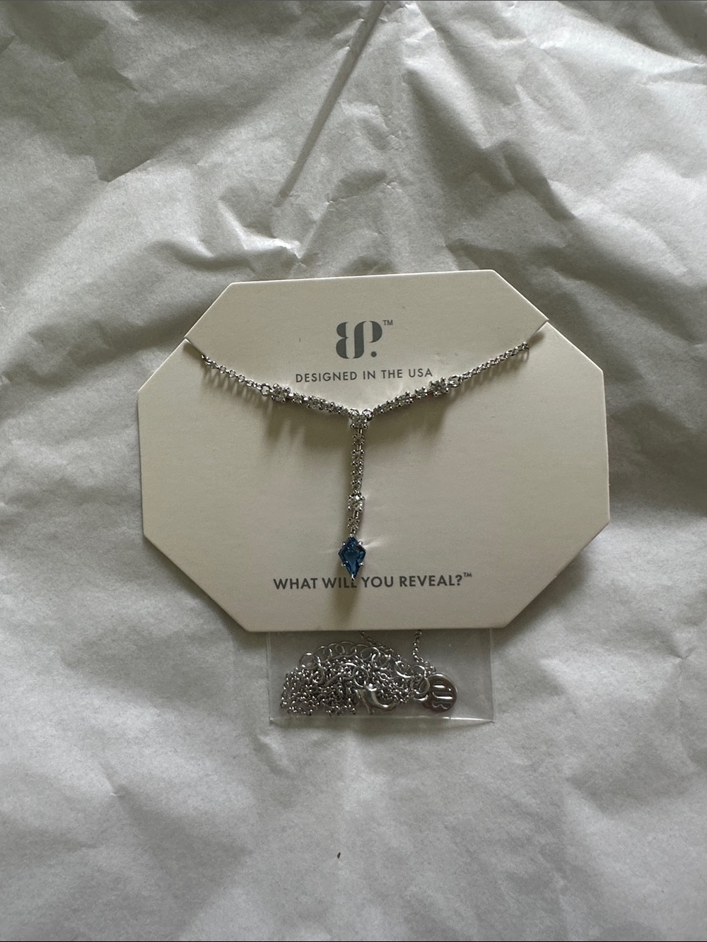 bp Silver Necklace with Blue Teardrop Pendant